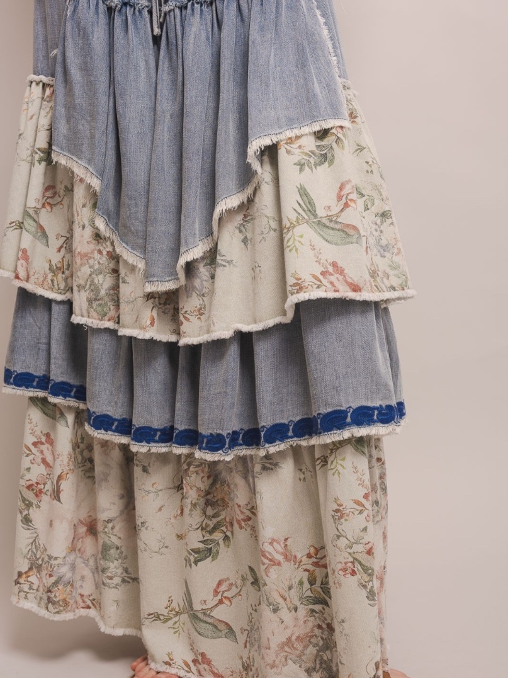 Bluevelvet Stretchy Waist Light Denim Floral Print Layered Maxi Skirt - Picture 7 of 7